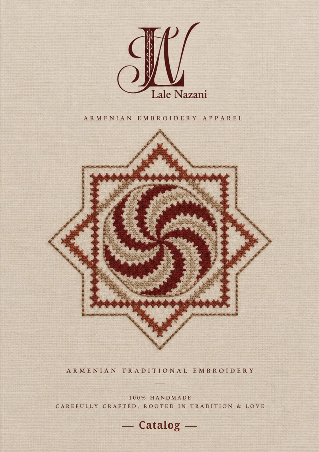 Lale Nazani catalog cover — Armenian embroidery apparel, 100% handmade, traditional Armenian embroidery