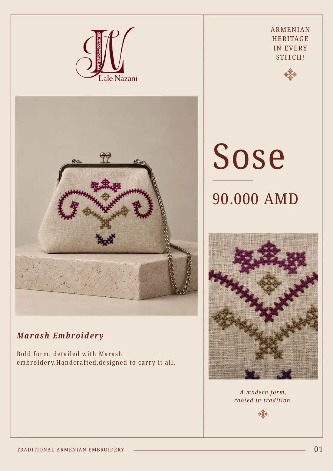 Sose — handmade Armenian handbag with Marash embroidery, 90,000 AMD