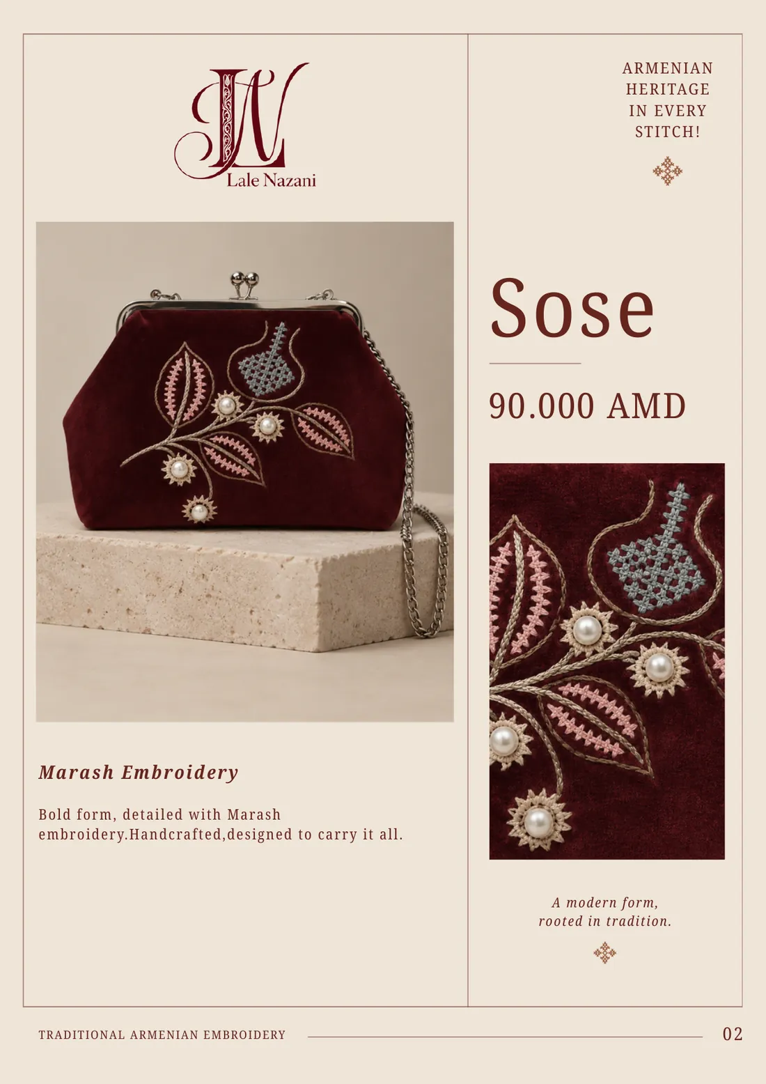 Sose — handmade Armenian handbag with Marash embroidery, 90,000 AMD