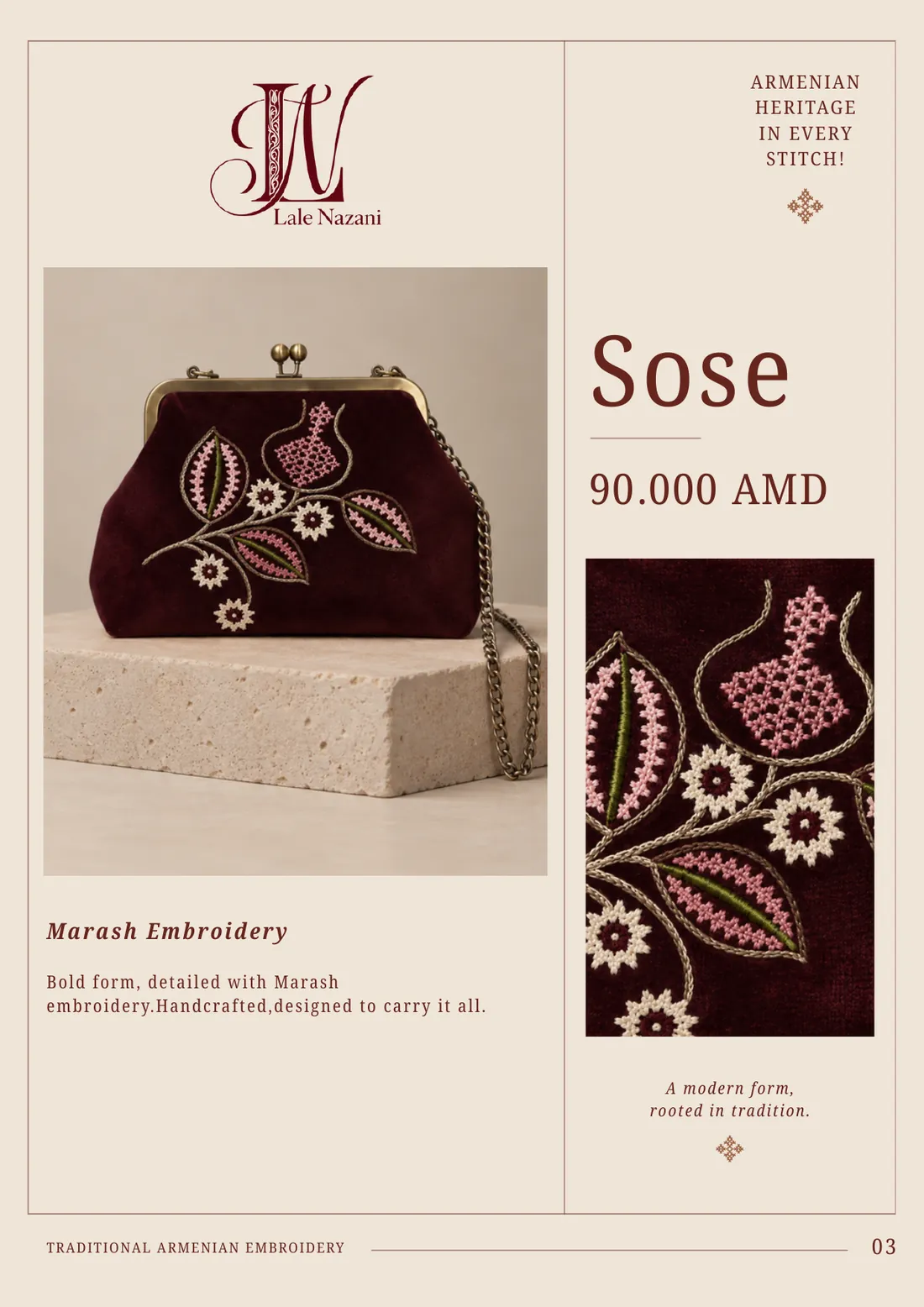 Sose — handmade Armenian handbag with Marash embroidery, 90,000 AMD