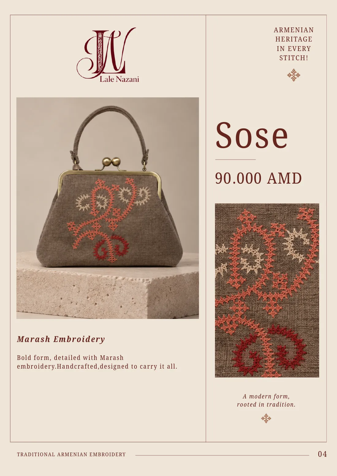 Sose — handmade Armenian handbag with Marash embroidery, 90,000 AMD
