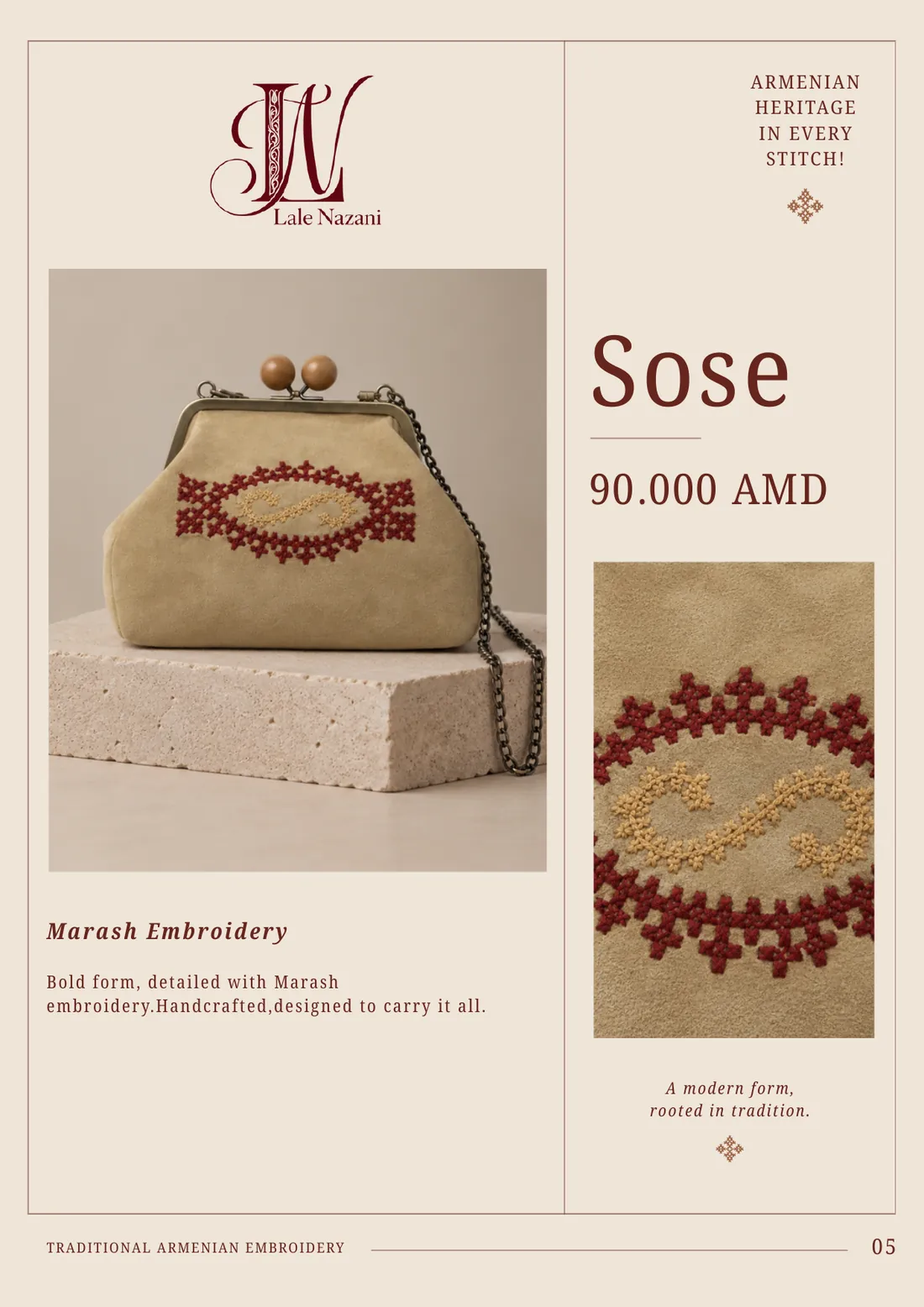 Sose — handmade Armenian handbag with Marash embroidery, 90,000 AMD