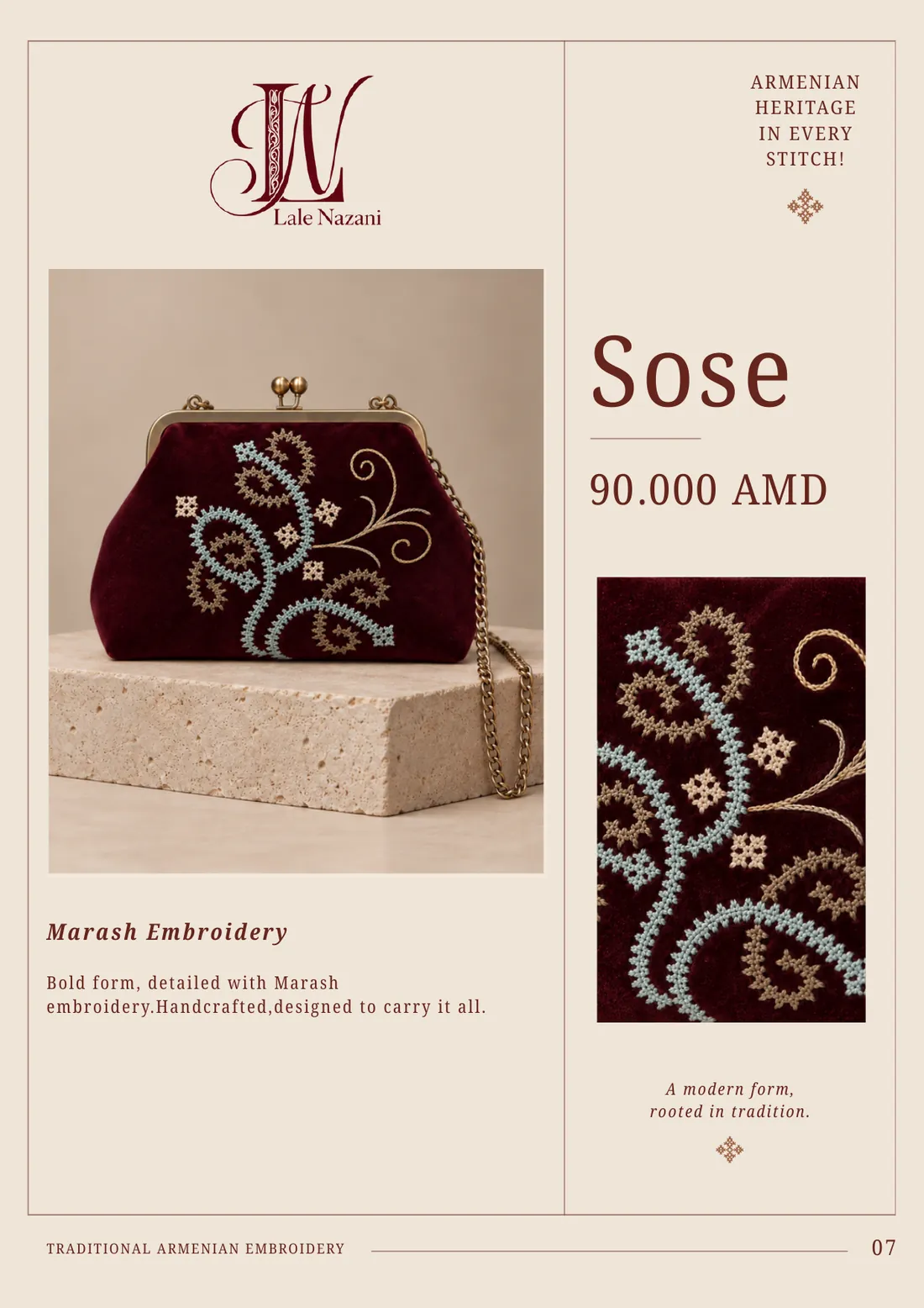Sose — handmade Armenian handbag with Marash embroidery, 90,000 AMD