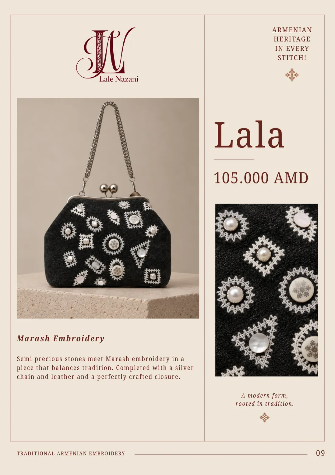 Lala — handmade Armenian handbag with Marash embroidery, 105,000 AMD