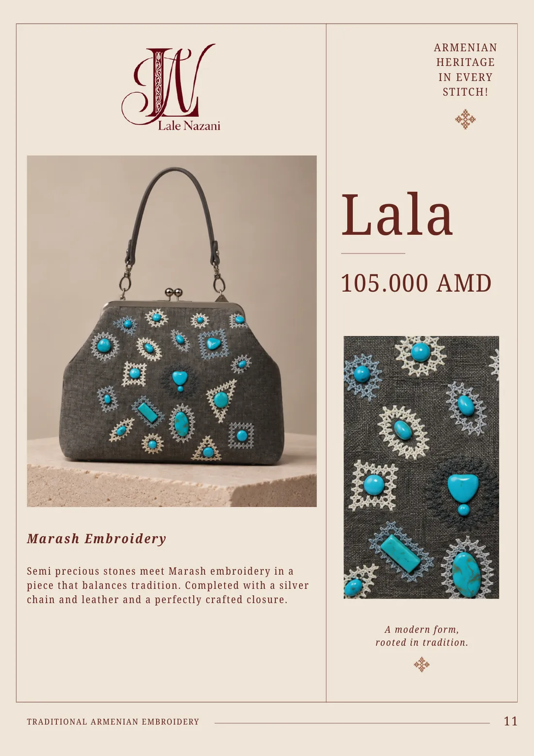 Lala — handmade Armenian handbag with Marash embroidery, 105,000 AMD
