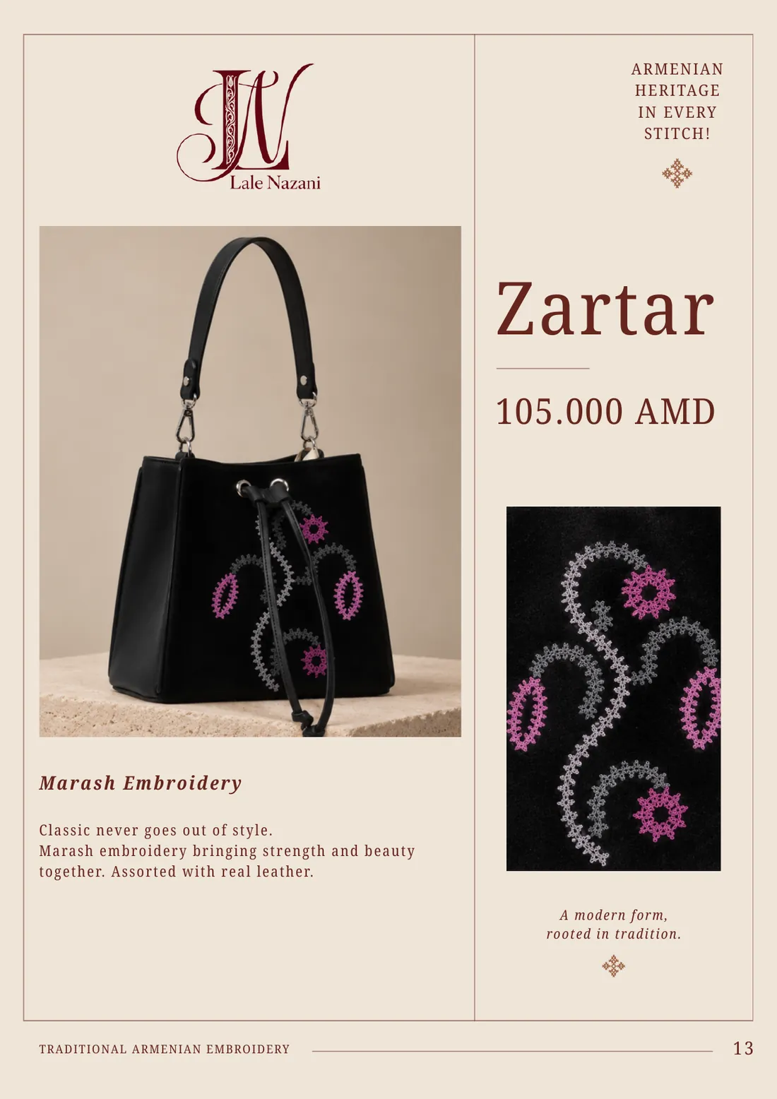Zartar — handmade Armenian handbag with Marash embroidery, 112,000 AMD