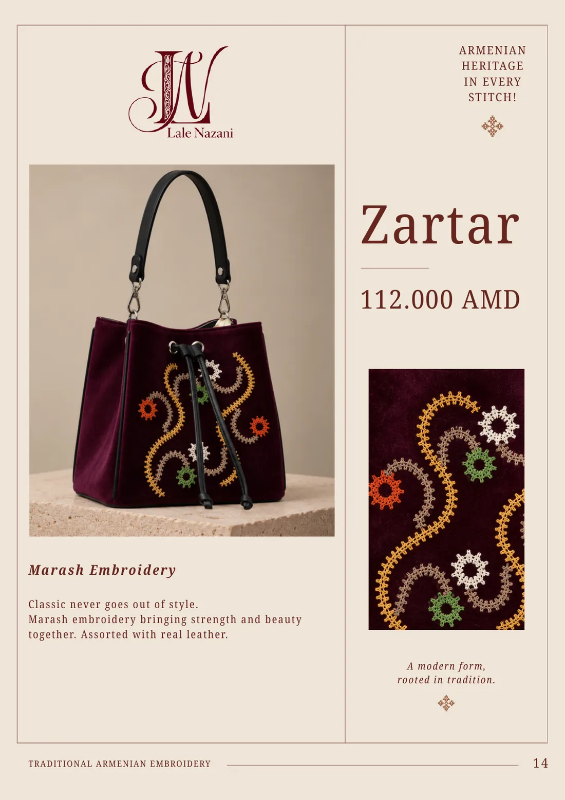 Zartar — handmade Armenian handbag with Marash embroidery, 112,000 AMD