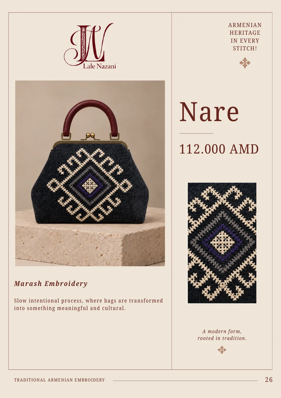 Nare — handmade Armenian handbag with Marash embroidery, 112,000 AMD