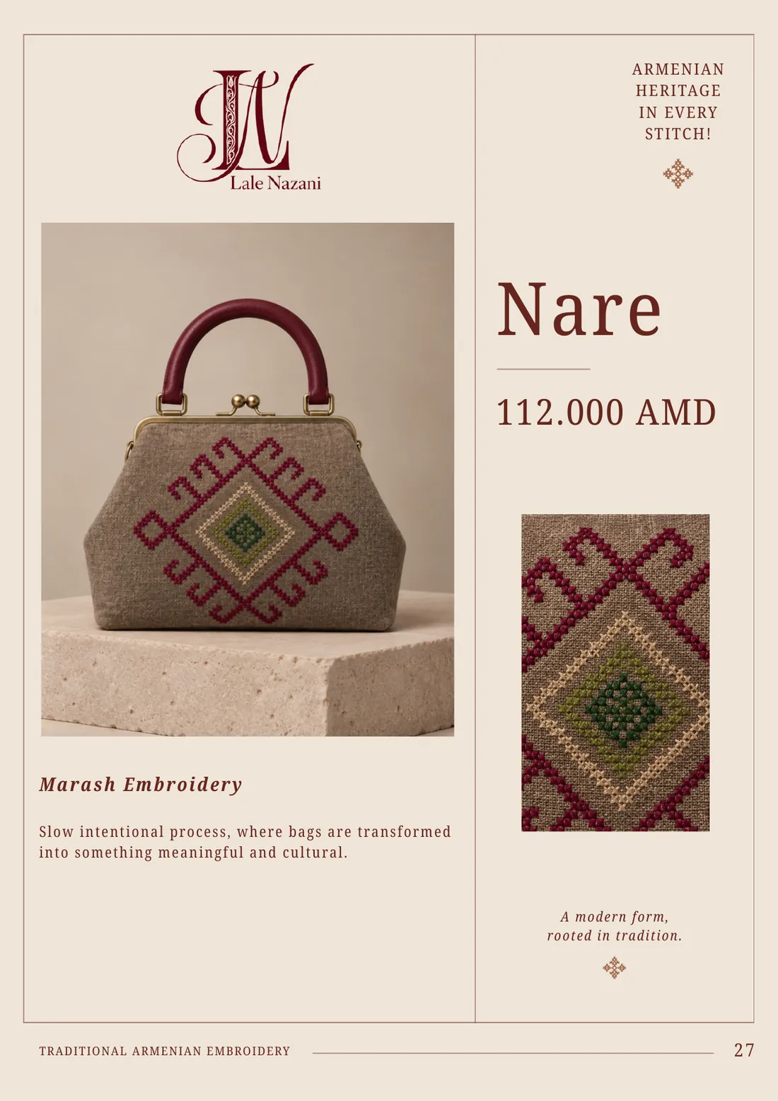 Nare — handmade Armenian handbag with Marash embroidery, 112,000 AMD