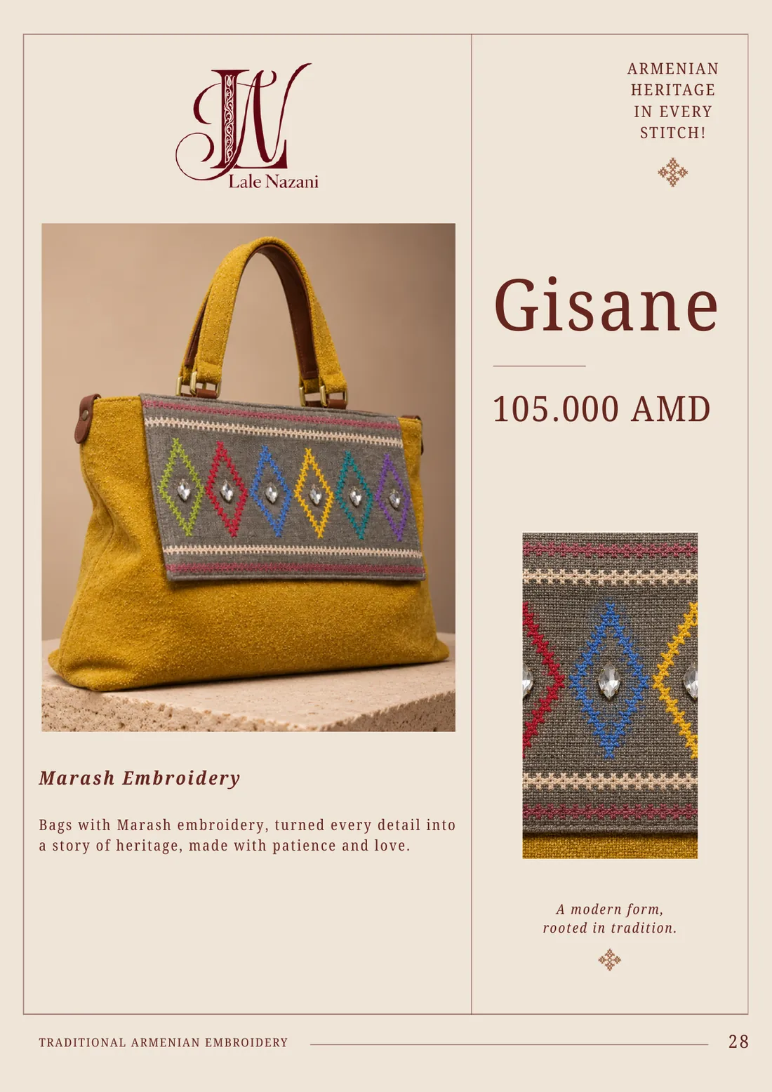 Gisane — handmade Armenian handbag with Marash embroidery, 105,000 AMD