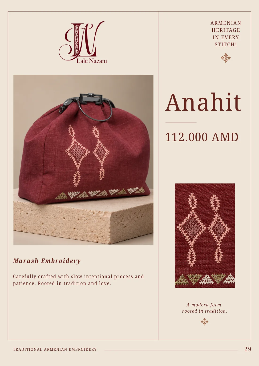 Anahit — handmade Armenian handbag with Marash embroidery, 112,000 AMD