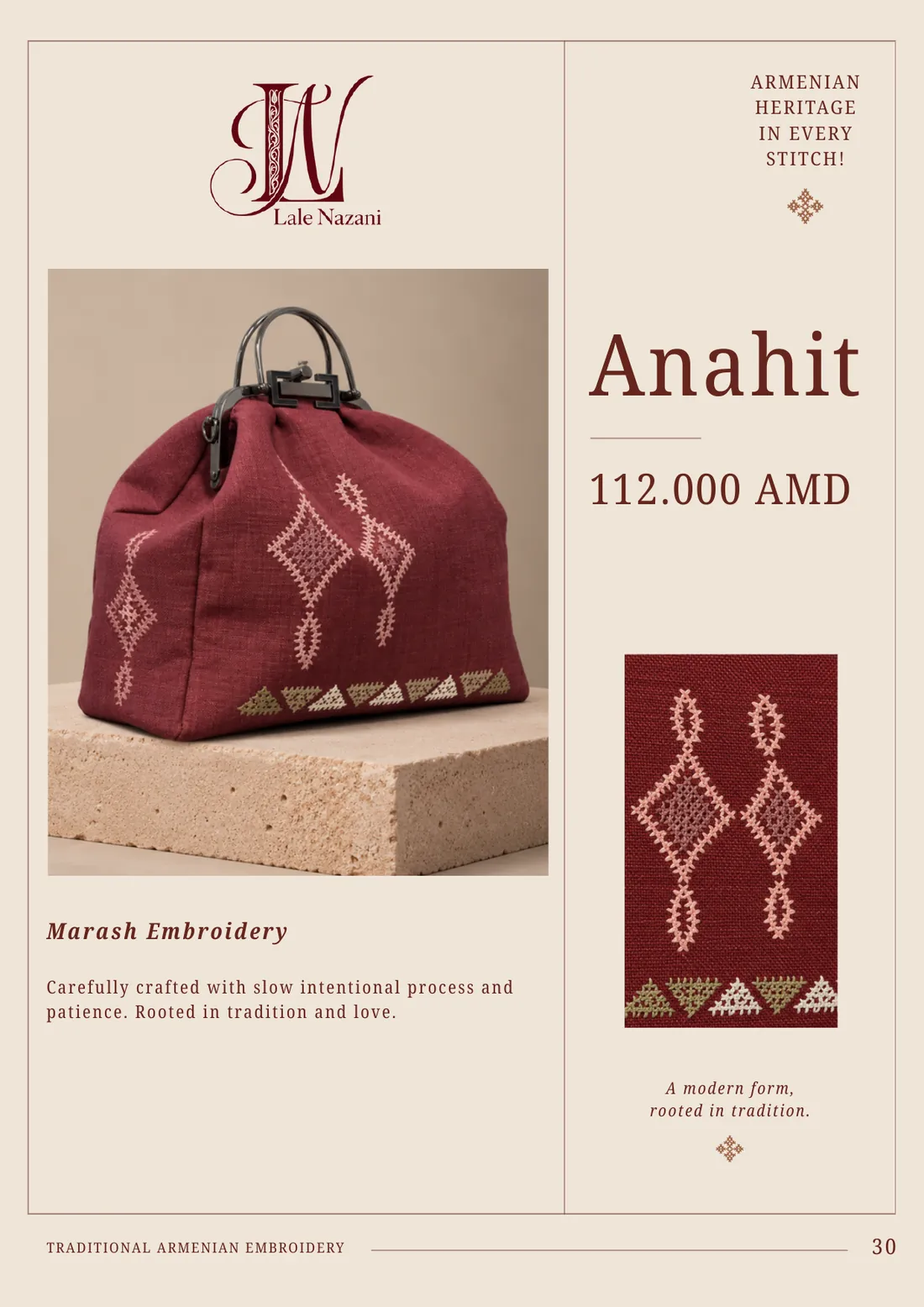 Anahit — handmade Armenian handbag with Marash embroidery, 112,000 AMD