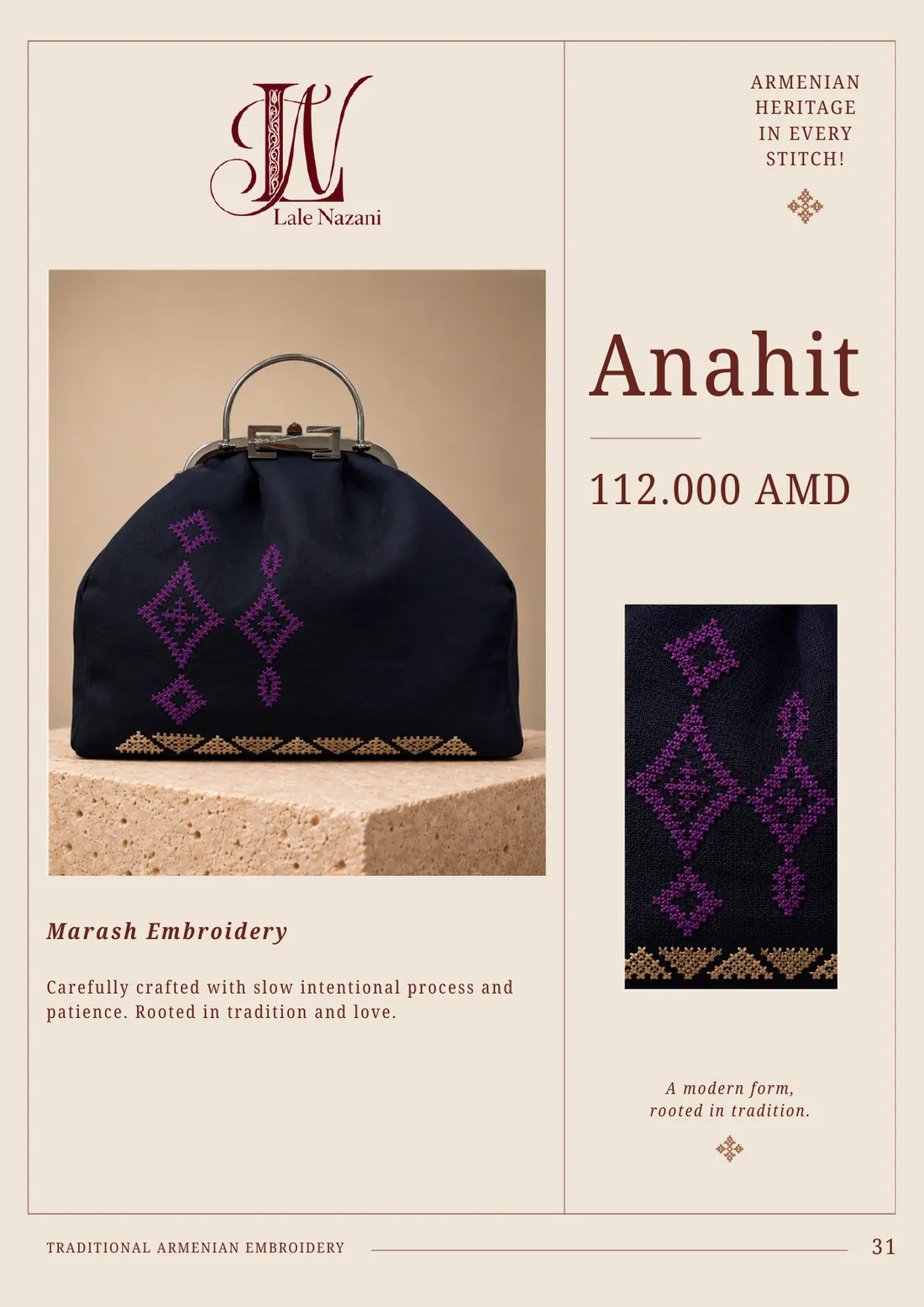 Anahit — handmade Armenian handbag with Marash embroidery, 112,000 AMD
