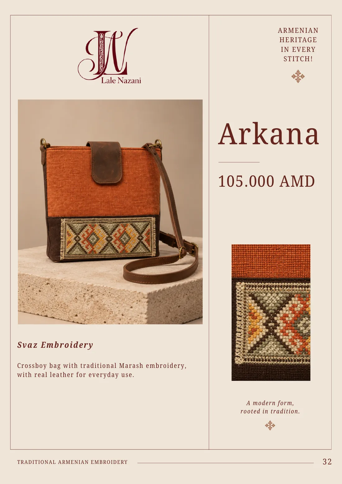 Arkana — handmade Armenian crossbody bag with Svaz, Vasbouragan & Marash embroidery, 105,000 AMD