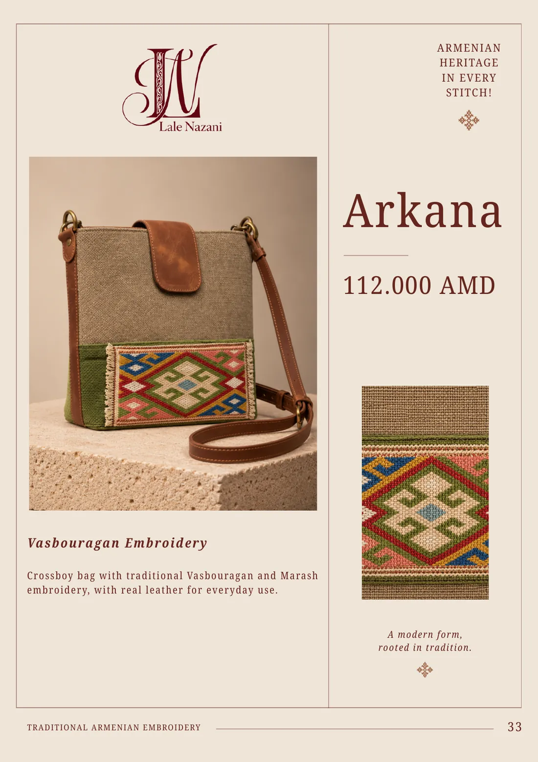 Arkana — handmade Armenian crossbody bag with Svaz, Vasbouragan & Marash embroidery, 112,000 AMD