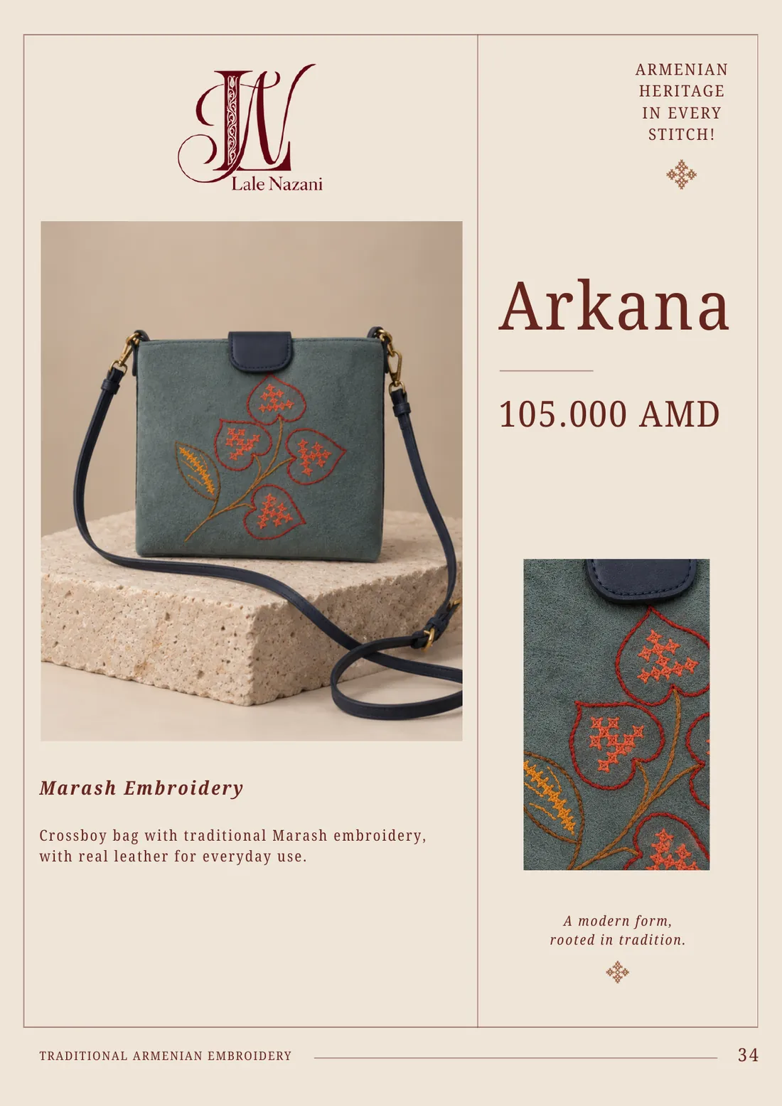Arkana — handmade Armenian crossbody bag with Svaz, Vasbouragan & Marash embroidery, 112,000 AMD