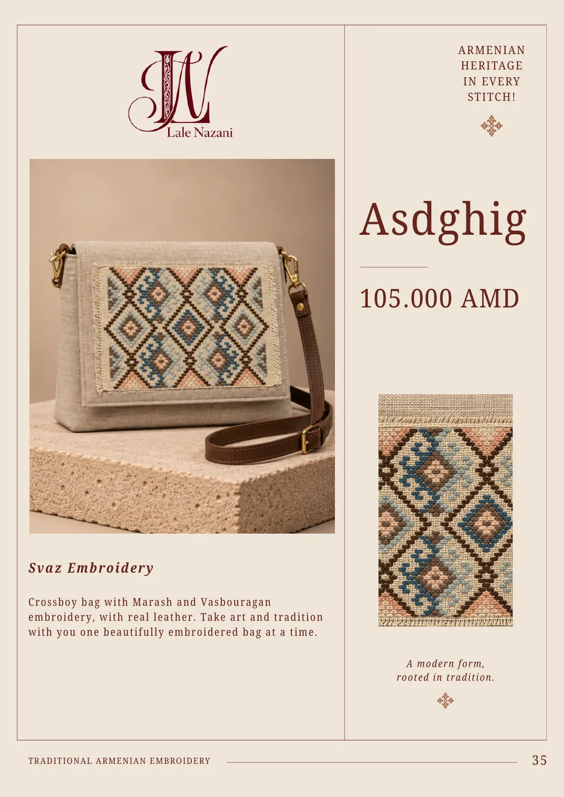 Asdghig — handmade Armenian crossbody bag with Svaz embroidery, 105,000 AMD