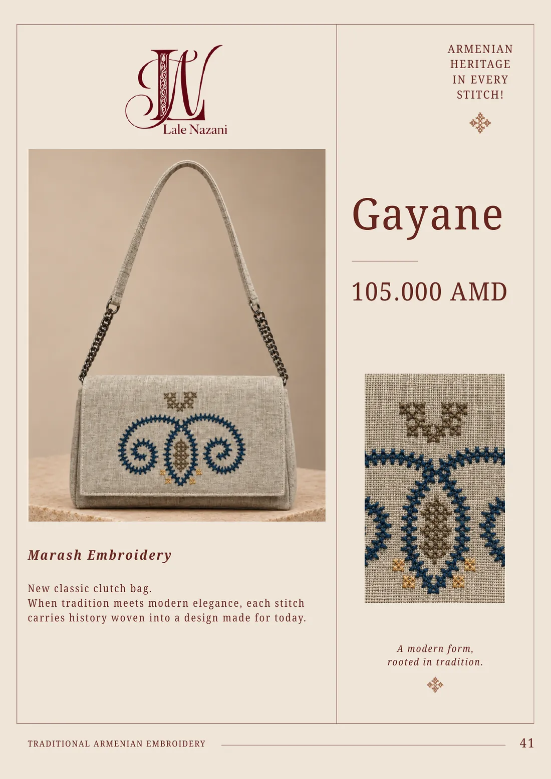 Gayane — handmade Armenian clutch bag with Marash embroidery, 105,000 AMD