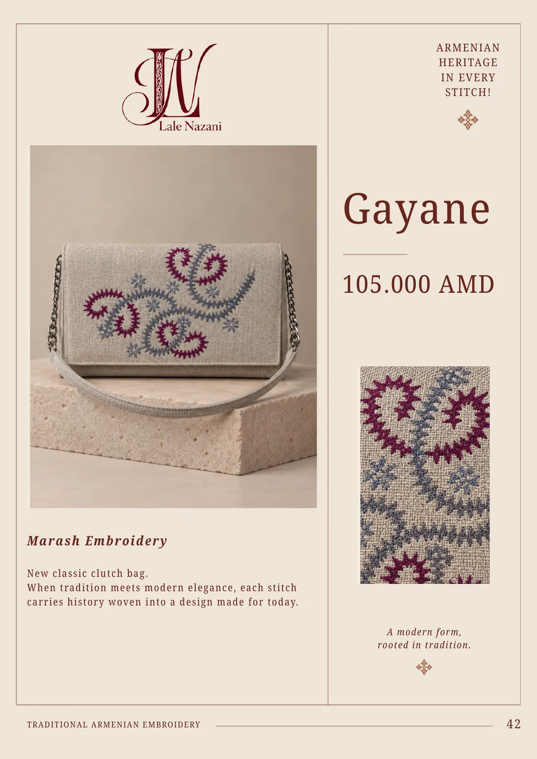 Gayane — handmade Armenian clutch bag with Marash embroidery, 105,000 AMD