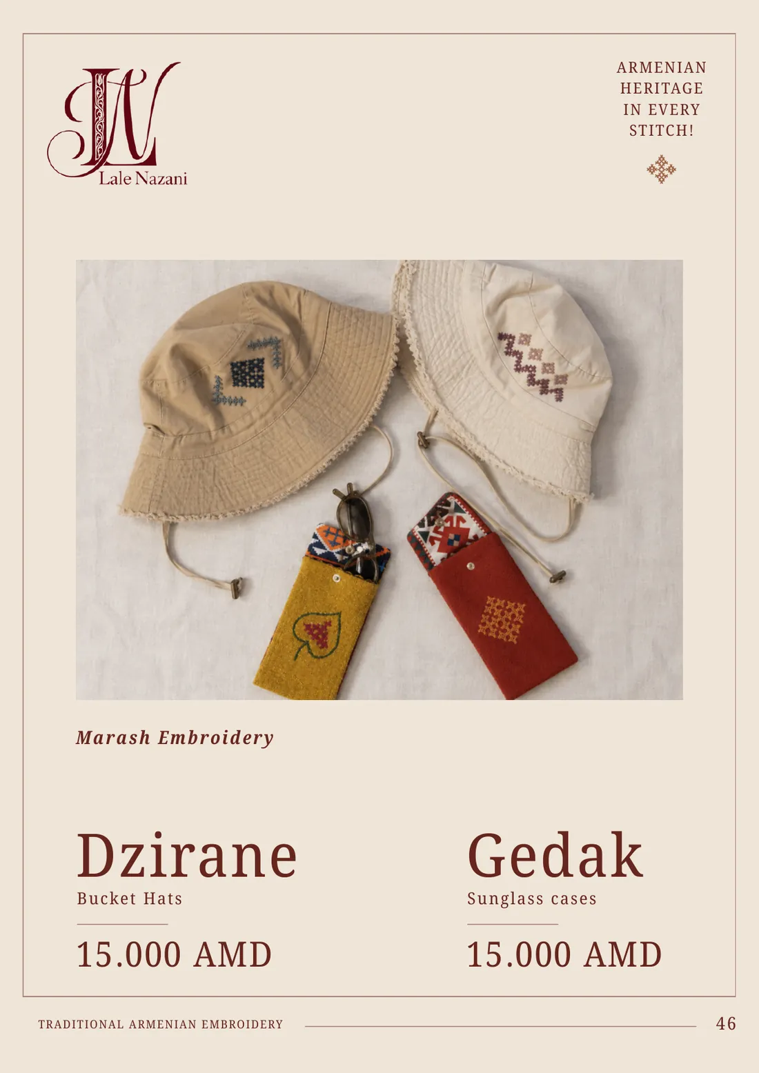 Dzirane — handmade Armenian bucket hat with Marash embroidery, 15,000 AMD; Gedak — handmade Armenian sunglass case with Marash embroidery, 15,000 AMD