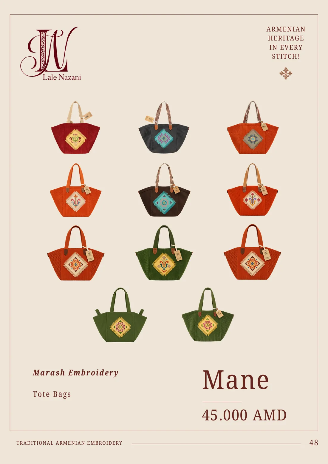 Mane — handmade Armenian tote bag with Marash embroidery, 45,000 AMD