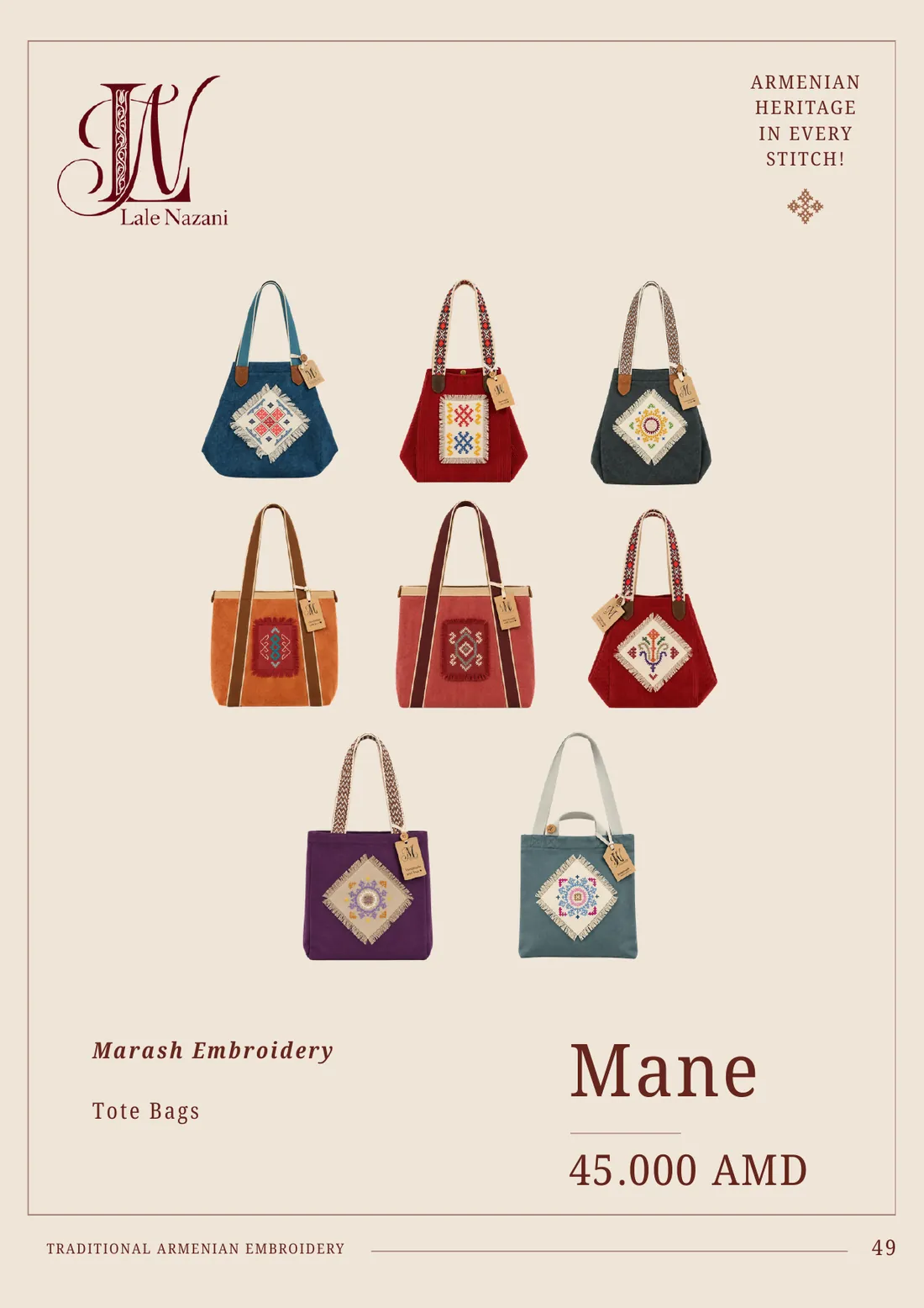 Mane — handmade Armenian tote bag with Marash embroidery, 45,000 AMD